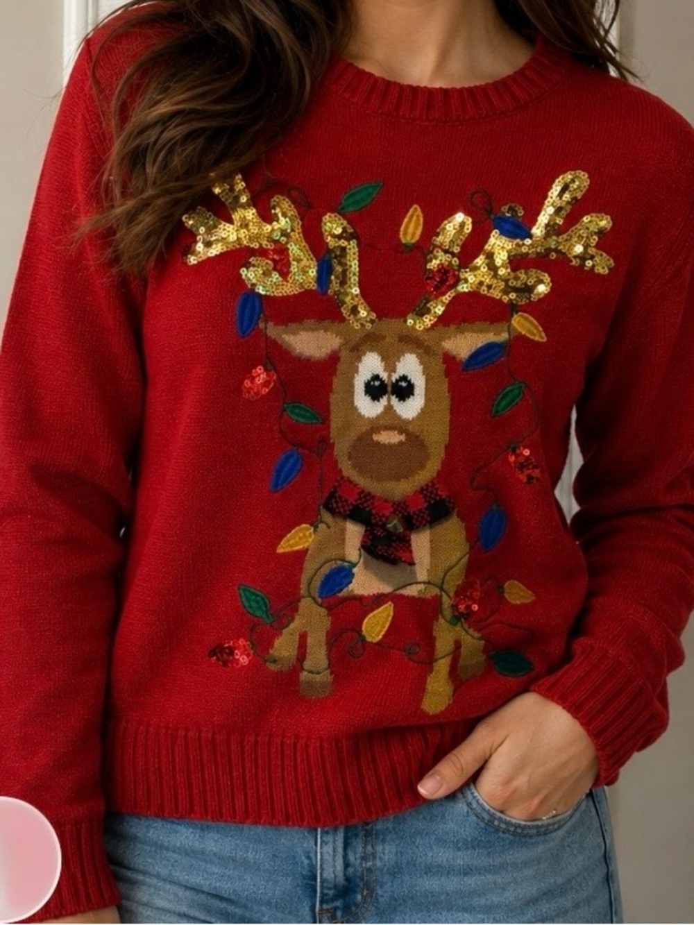 Karen Scott Red Holiday Reindeer Sequin Sweater